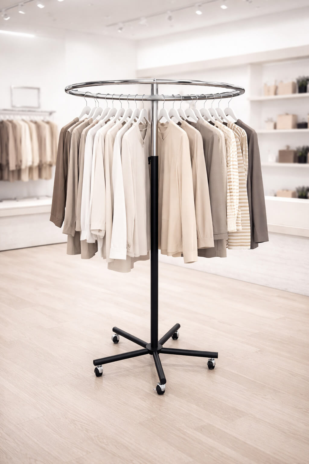 Rundständer Gestell schwarz, höhenverstellbar, Ring 74 cm – Borkenkaefer Möbel- und Ladenbau