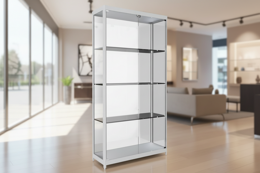 Glas Standvitrine Alu silber mit LED-Beleuchtung