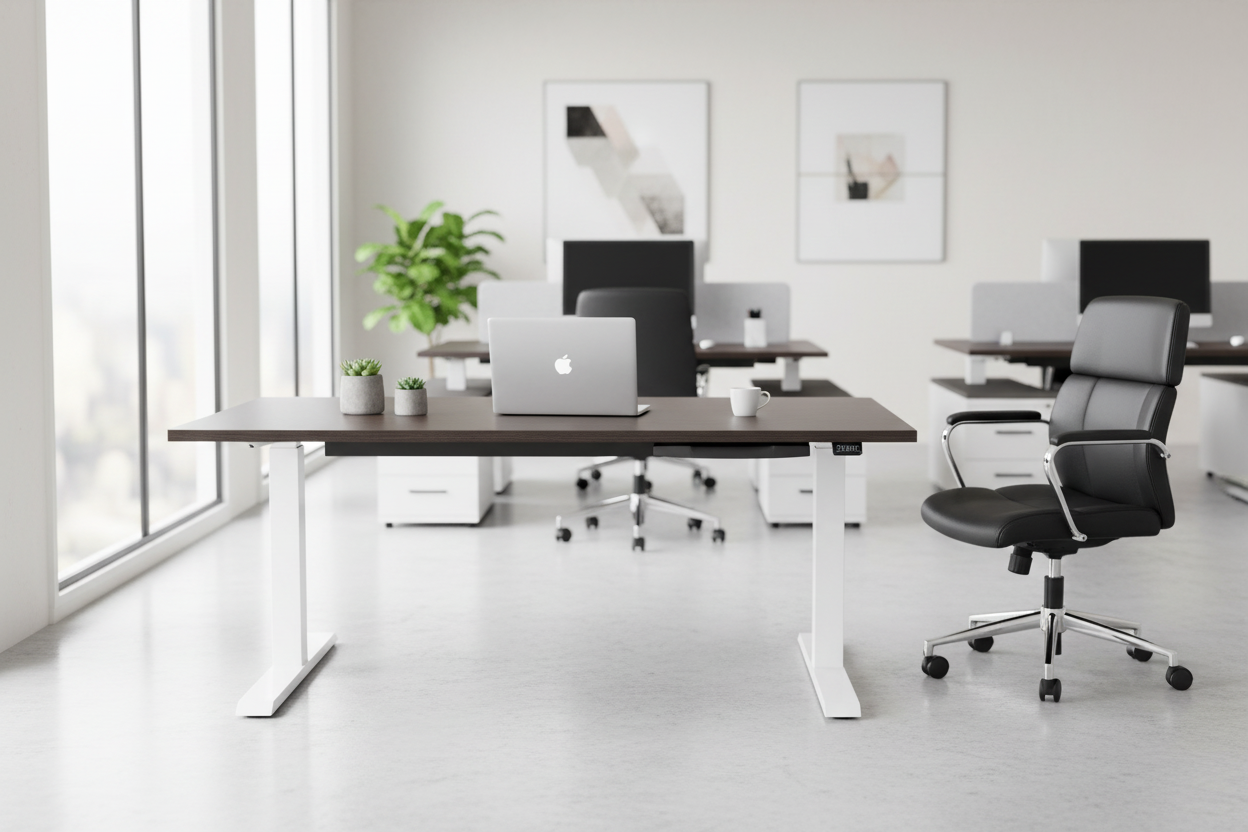 Höhenverstellbarer Schreibtisch / Arbeitstisch mit weißem Tischgestell