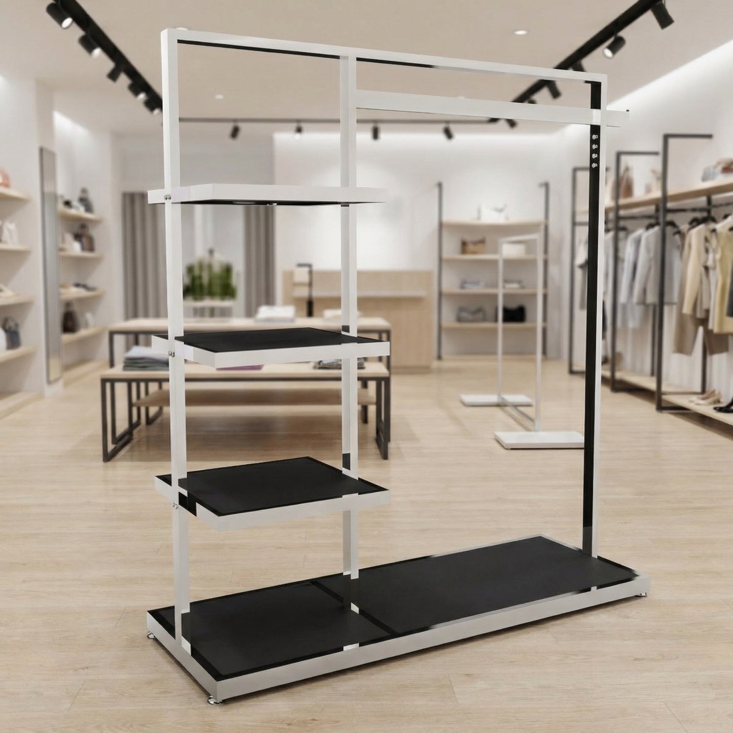 Mittelraumständer mit Regalablagen schwarz, chrom, 137x130x45 cm