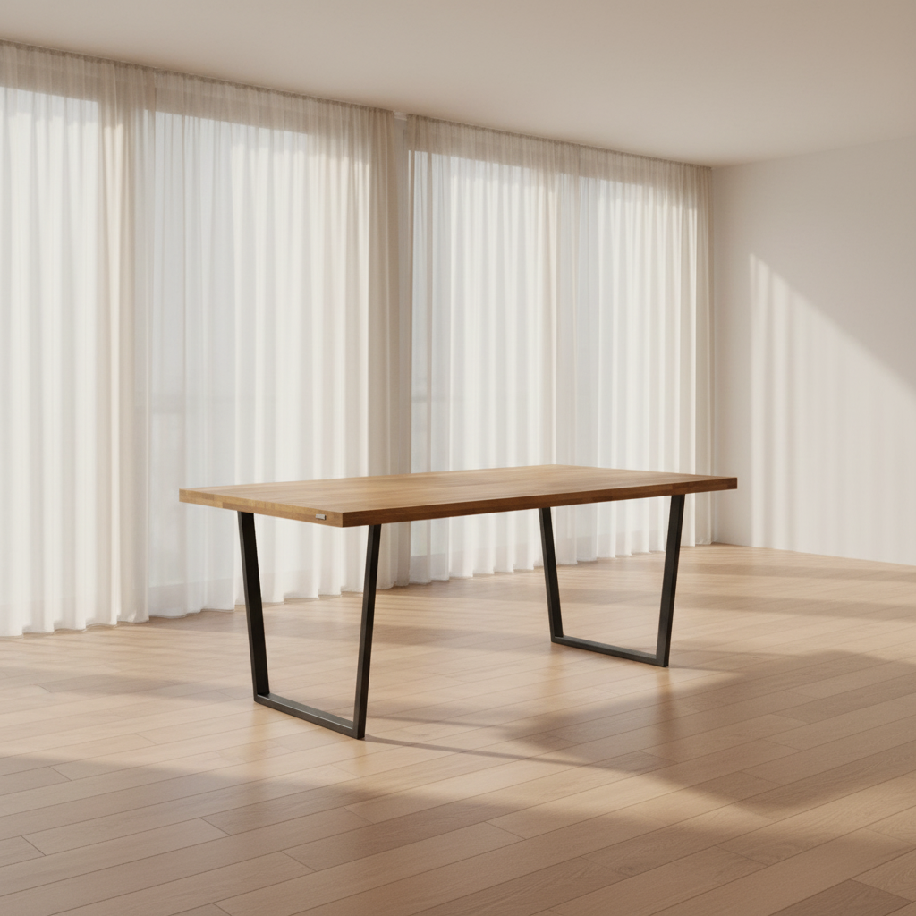 Massivholztisch 180 x 100 cm  aus Eiche ohne Baumkante  mit Aufdopplung am Rand inkl. Tischbeine: Trapez Gestell