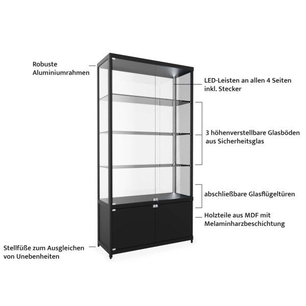 standvitrine_mit_unterschrank_schwarz_led_leiste_hauptmerkmale_uebersicht_600x600
